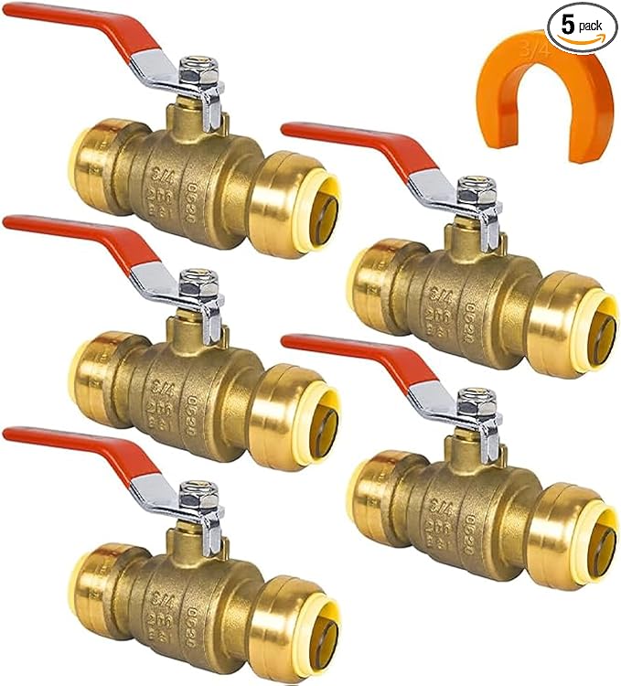 (Pack of 5) AB 3/4 Inch Push to Connect Ball Valve, 3/4 Inch Water Shut Off Valve with Disconnect Clip, Full Port Push Fit Ball Valve for Copper, CPVC,PE-RT and PEX Pipe, UPC Certified