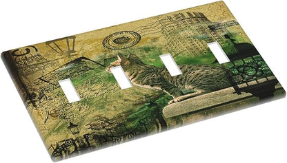 Light Switch Cover Plate Vintage Style Cat City Stamp 4 Gang Quad Toggle Wall Plate Electrical Outlet Cover Decorative Switch Plate Covers for Bedroom Home Decor