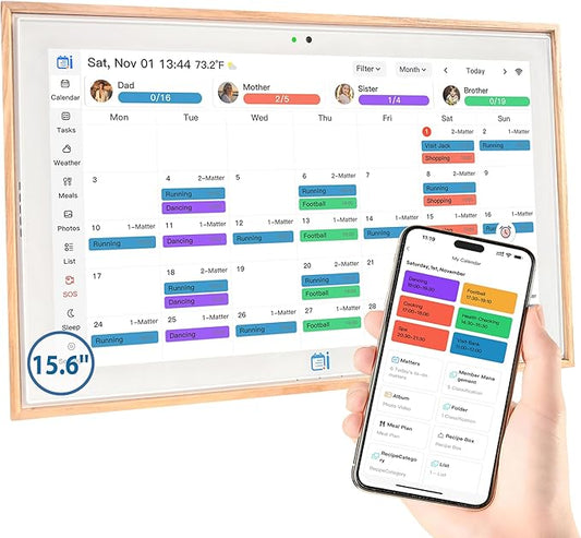 USIN 15.6 inch Wooden Digital Calendar, Wall Touch Screen Home Organizor, Family Chore Charts and Meal Planner, Interactive Display schedule, Desk and Wall Mounted, Electronic Calendars with Free App