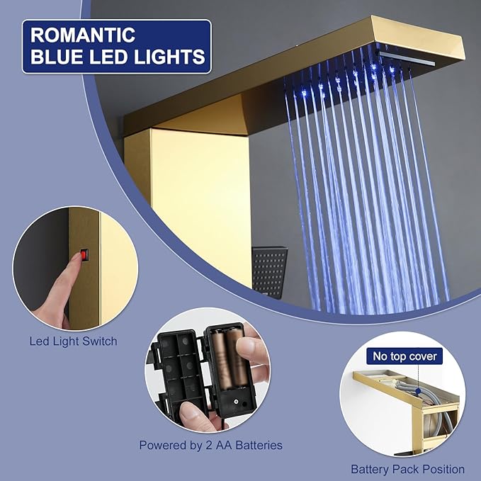 ROVATE Shower Panel Tower System Brushed Gold with LED Rainfall Waterfall Shower, Shower Tower with Jets and Rainfall and Handheld, 5 in 1 Stainless Steel Shower Column High Pressure with Tub Spout