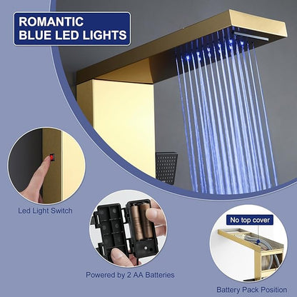 ROVATE Shower Panel Tower System Brushed Gold with LED Rainfall Waterfall Shower, Shower Tower with Jets and Rainfall and Handheld, 5 in 1 Stainless Steel Shower Column High Pressure with Tub Spout