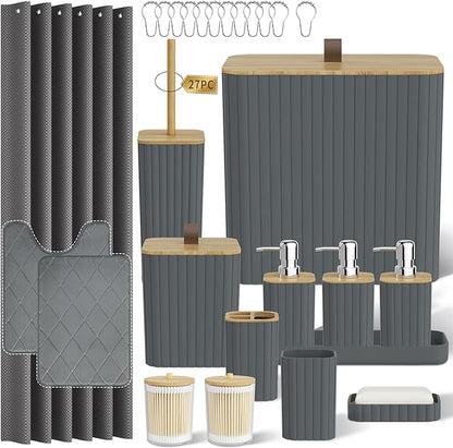 Bathroom Accessory Set - Grey Bathroom Set, 27PC Bathroom Accessories Set, Bathroom Sets with Shower Curtain and Rugs, Mini Trash Can, Toilet Brush, Trash Can & Soap Dispenser