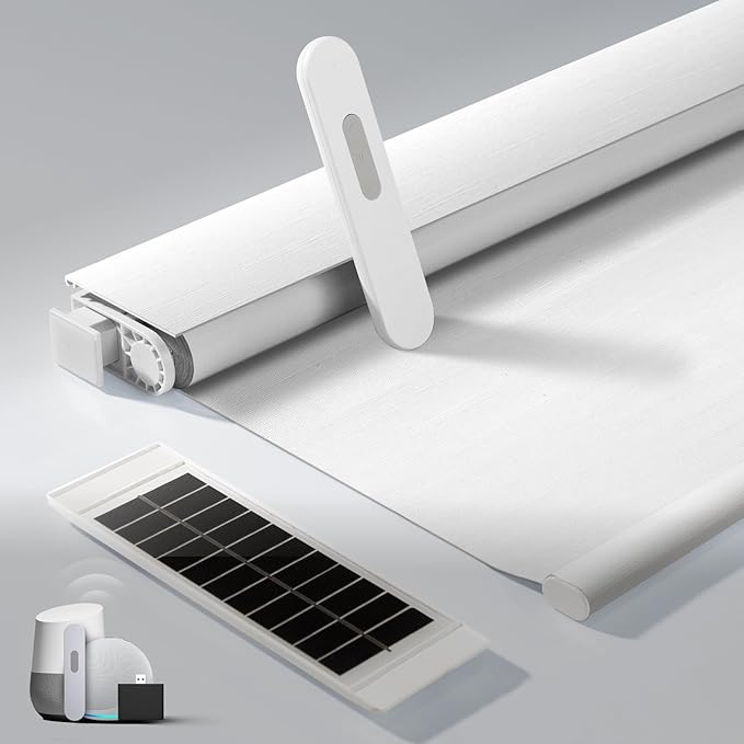 No Drill Motorized Blinds with Remote, Blackout Automatic Blinds with Solar Panel, Cordless Smart Electric Roller Shades for Windows, White, 25 x 72