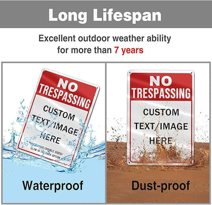 Custom No Trespassing Sign, Glow in the Dark/Reflective Option, 20''x15'' Personalized Large Aluminum Warning Signs, Customize for Business, Yard, Garden, School, Indoor/Outdoor Use