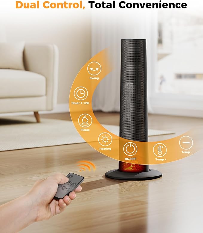 Tower Heater for Indoor Use - 25" Portable Space Heater with 3D Flame, Remote, Adjustable Thermostat, 2 Heat Modes, Multiple Safety Protection, 12H Timer, Quiet Electric Heater for Large Room