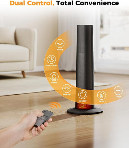 Tower Heater for Indoor Use - 25" Portable Space Heater with 3D Flame, Remote, Adjustable Thermostat, 2 Heat Modes, Multiple Safety Protection, 12H Timer, Quiet Electric Heater for Large Room
