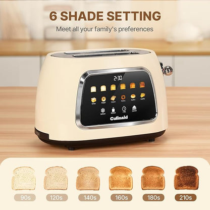 Toaster 2 Slice Smart Touch Screen, Retro 1.5'' Extra Wide Slot Stainless Steel Digital Bread Toaster with Memory Function, Bagel, Defrost, 6 Browning Levels and Removable Crumb Tray, Cream