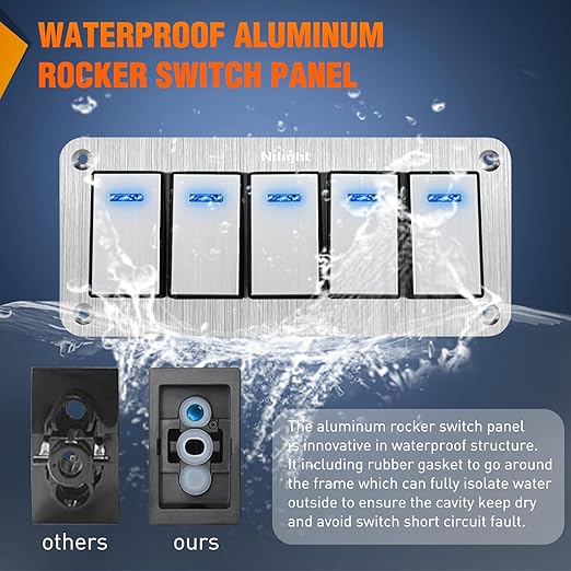 Nilight 5 Gang Rocker Switch Panel 3 Pin On Off Pre-Wired Blue LED Waterproof Aluminum with DIY Stickers for 12V 24V Automotive Cars Marine Boats UTV Truck Jeeps