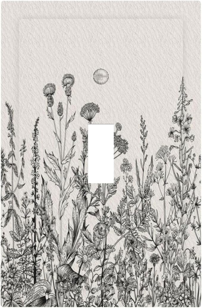 Decorative Light Switch Cover Black and Beige Garden Plants Flowers Single Toggle Personalized Wall Plate Switchplate 1 Gang Switchcover Decora Light Switch Plate for Home Office Decor