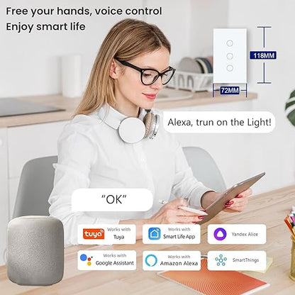 WiFi Smart Light Switch 118X72X34MM Need Neutral Wire,2.4GHz Wi-Fi Touch Switch,Work with Smart Life/Tuya App, Compatible with Alexa and Google Home, White 3 Gang