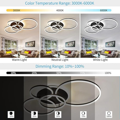 Modern LED Ceiling Light 90W Dimmable Ceiling Light Fixture with Remote Control 5 Rings Flush Mount Ceiling Light Black Acrylic Chandelier LED for Living Room Bedroom Kitchen Light fixtures(4+1B01)