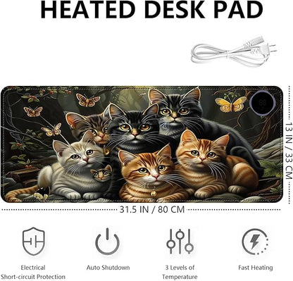 Heated Mouse Pad with 3 Levels Heated & 3 Hours Auto Shut-Off Mouse Pad for Warming Hands in Office Home, 31.5" x 13"Large Safe Desk Mat Hand Warmer，A Bunch of Cute Cats
