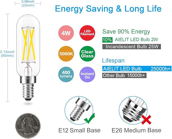 Daylight E12 T8/T6 Candelabra LED Bulbs 40-Watt Equivalent, Bright White 5000K, 400 Lumens, Dimmable 4W Clear Tube Chandelier Light Bulb for Ceiling Fan, Pendant, Floor/Table Lamps, 8-Pack