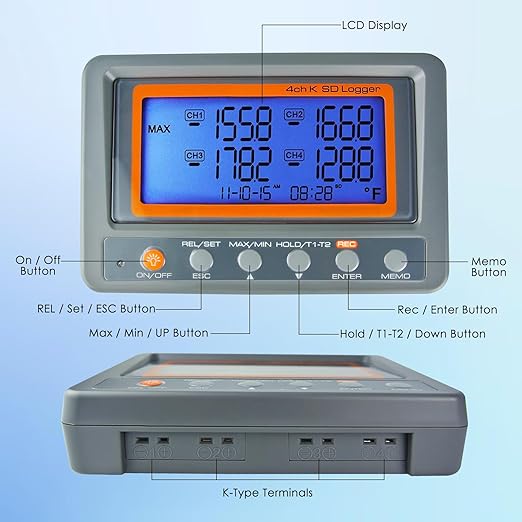 Digital 4 Channel K Type Thermocouple Thermometer Recorder with 8G SD Card Programmable Temperature Data Logger with Alarm Function Thermocouple Reader K Type Thermometer with 2 Thermocouples Probe