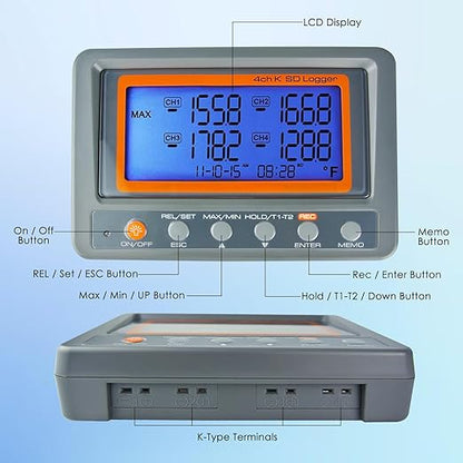 Digital 4 Channel K Type Thermocouple Thermometer Recorder with 8G SD Card Programmable Temperature Data Logger with Alarm Function Thermocouple Reader K Type Thermometer with 2 Thermocouples Probe