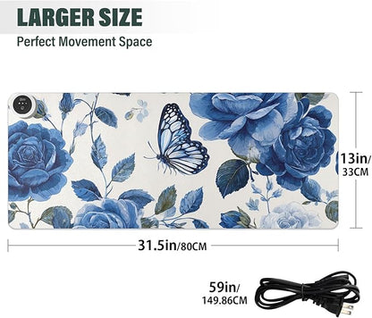 Heated Desk Pad Mouse Pad 31.5x13 Inch PU Leather Desk Mat with 3 Heat Levels Large Mouse Gaming Computer Laptop Mat Blue White Rose Flowers Butterfly
