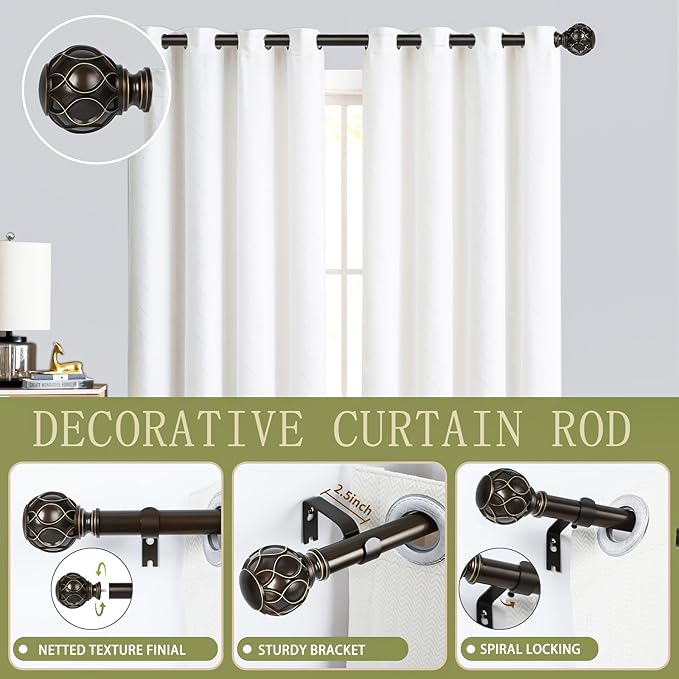 Bronze Farmhouse Curtain Rods for Windows:Heavy Duty Adjustable Curtain Rod for Bedroom Living Room,Boho Decorative Rustic Drapery Rods with Vintage Coastal Finial,Antique Bronze 2 Pack 18-45"