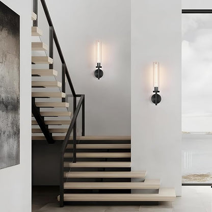 Modern Black Hardwired Wall Sconces, 21'' Knurled Bathroom Wall Sconce, Indoor Wall Sconce,Copper and Glass Vanity Light, for Living,Bedroom, Hallway, Staircases, Include Bulbs