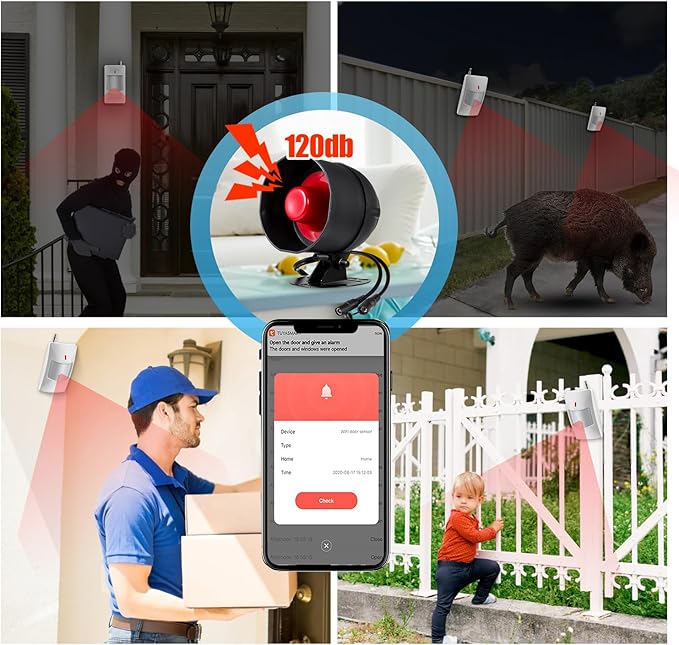 WiFi Alarm System for Home Security, 120dB Wireless Alarm Security System with Free Notification APP Control and Motion Sensor Siren, Remote Control for Shed Garage
