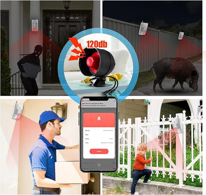 WiFi Alarm System for Home Security, 120dB Wireless Alarm Security System with Free Notification APP Control and Motion Sensor Siren, Remote Control for Shed Garage