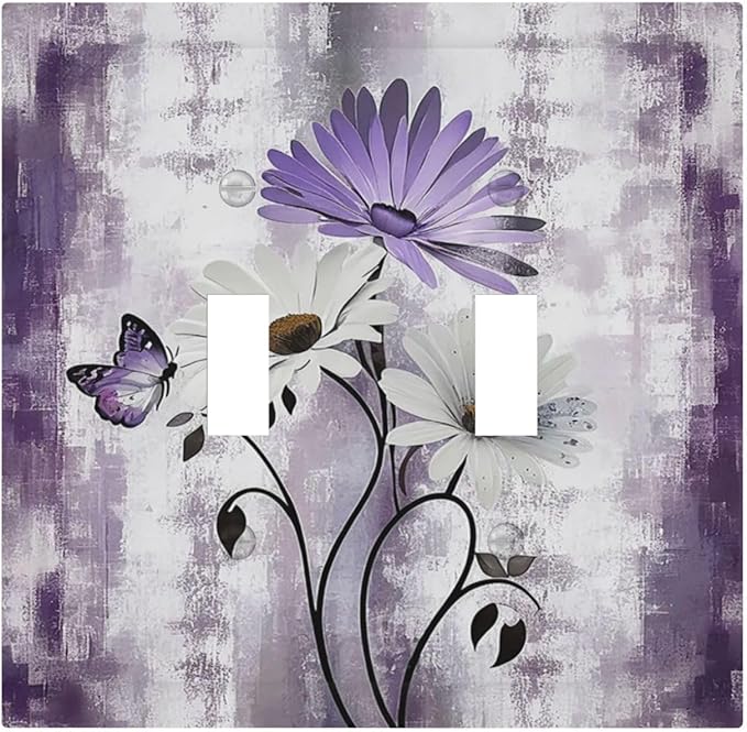 Purple Daisy White Floral Butterfly Flowers 2 Gang Double Toggle Light Switch Cover Decorative Switchplate Electrical Wall Plates Faceplate for Bathroom Bedroom Decor 4.9 X 5 IN