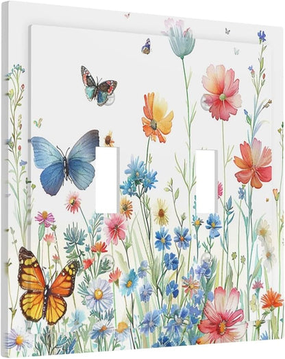 Decorative Light Switch Cover Plate Rustic Wildflower Blue Pink Floral Butterfly 2 Gang Outlet Covers Double Toggle Wall Plates for Electrical Outlets Switch Plate Covers for Home Decor