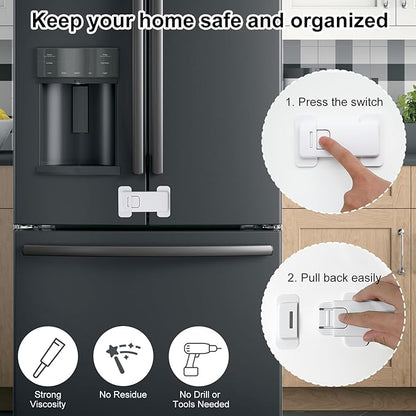 Fridge Locks for Kids, Child Proof Refrigerator Lock, Baby Safety French Fridge Door Lock, Child Cabinet Locks with Strong 3M Adhesive, No Drill, Tool-Free Install (1 Pack, White)