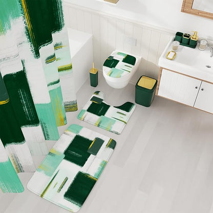 Bathroom Accessories Set - 25PC Bathroom Set with Shower Curtain and Rugs, Green Bathroom Set, Bathroom Accessory Set with Press-on Lid Trash Can, Soap Dispenser and Qtip Holders