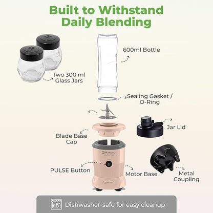 Koblenz Mix&Shake Blender, 20 oz Portable Blender, 600W Motor, Pulse, ON/OFF, Stainless Steel Blades, Shakes, Sauces, Smoothie Maker, (1) 20 oz To-Go Bottle, (2) 10 oz Glass Jars, Pink, MSKM-600 2PS