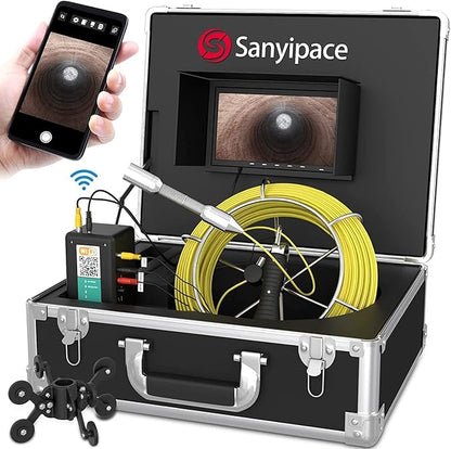 Sanyipace Sewer Camera 165FT/50M with WiFi Wireless Transmission, Drain Camera with Lights, Pipe Sewer Scope Inspection Camera with IP68 Waterproof Camera Probe, 7" Color Screen, Camera Guide Wheel