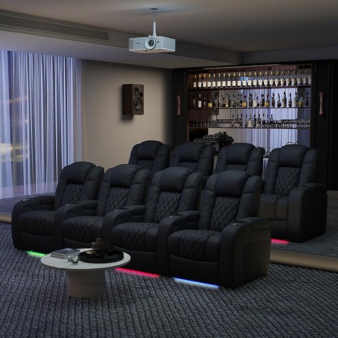 Weilianda Home Theater Seating Top Grain Leather Zero Gravity Recliner Chair Power Headrest Recline Movie Seat Gaming 7 Colors Mood Light Sofa with Tray Table USB Charge Row of 5 Loveseat Left Black