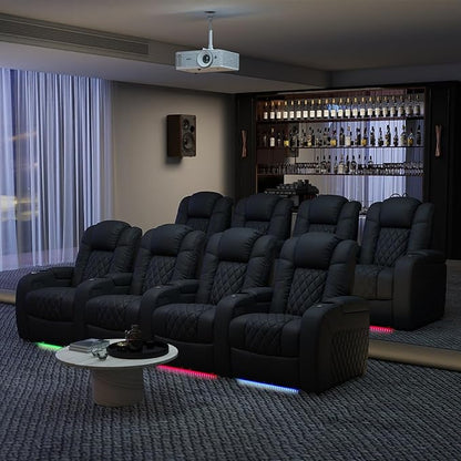 Weilianda Home Theater Seating Top Grain Leather Zero Gravity Recliner Chair Power Headrest Recline Movie Seat Gaming 7 Colors Mood Light Sofa with Tray Table USB Charge Row of 5 Loveseat Right Black