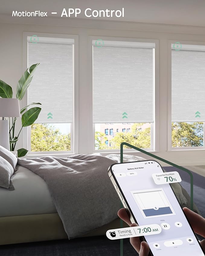 Yoolax Motorized Shades Dual Control, MotionFlex Motorized Roller Shades with App & Manual Control, Pull Down Automatic Shades for Indoor Windows, Custom Size(Blackout Jacquard White)