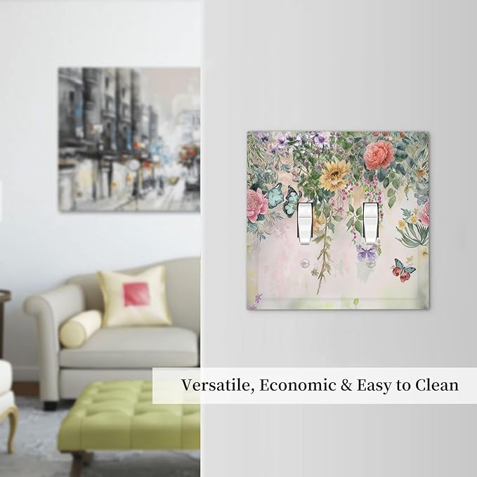 Rustic Floral Watercolor Flower Blossom Butterfly 2 Gang Double Toggle Light Switch Cover Decorative Switchplate Electrical Wall Plates Faceplate for Bathroom Bedroom Decor 4.9 X 5 IN