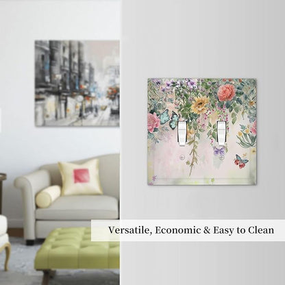 Rustic Floral Watercolor Flower Blossom Butterfly 2 Gang Double Toggle Light Switch Cover Decorative Switchplate Electrical Wall Plates Faceplate for Bathroom Bedroom Decor 4.9 X 5 IN