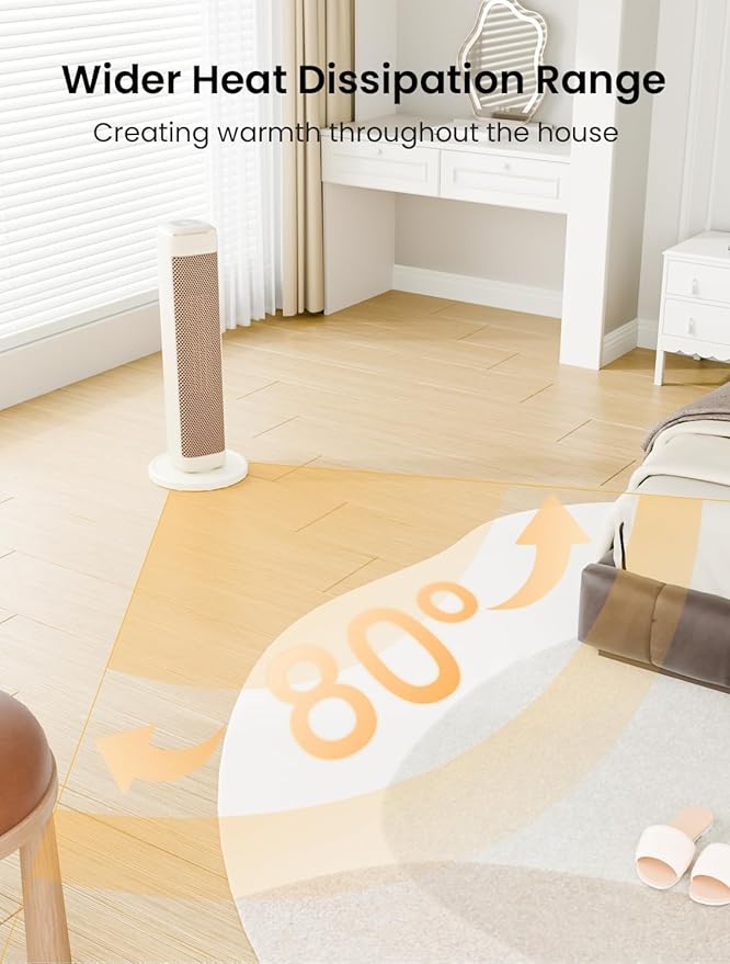 25" Space Heaters For Indoor Use Large Room, Electric Heaters For Indoor Use with Thermostat, Oscillating Room Heaters with Timer, Remote Control, Overheat Protection Tower Heater for Bedroom (Beige)