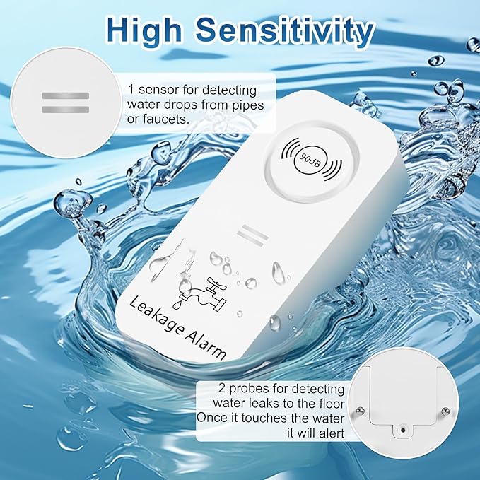 90dB Loud Water Leak Detector 5 Pack, Complete Wireless Alarm Set with 3 Probes Each for Whole House, for Kitchen Bathrooms Basement Garage, Drip & Flood Sensor