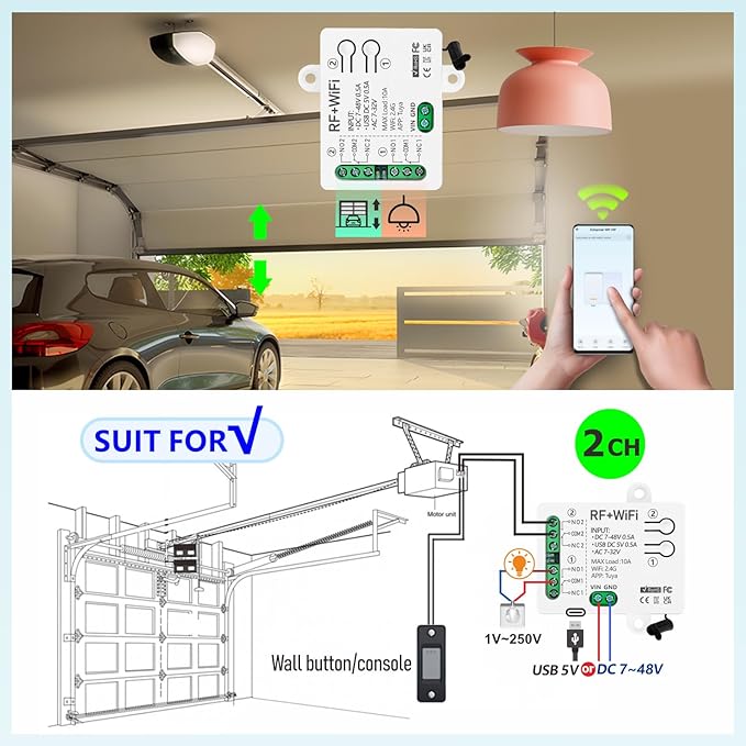 DieseRC Tuya 2 Channels WiFi Smart Switch, DC 5V 12V 24V 36V Passive Output Relay Module, with 2 pcs RF Remote Control, Compatible with Alexa/Google Home
