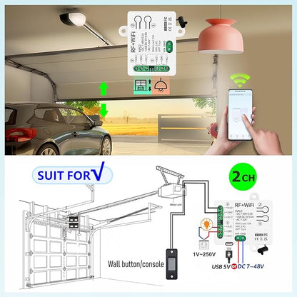 DieseRC Tuya 2 Channels WiFi Smart Switch, DC 5V 12V 24V 36V Passive Output Relay Module, with 2 pcs RF Remote Control, Compatible with Alexa/Google Home