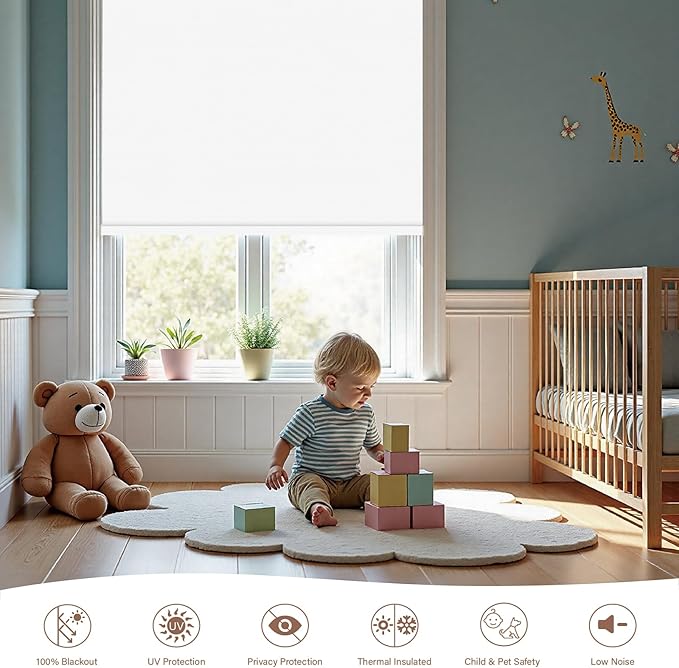Motorized Roller Blinds with Remote, 100% Blackout Automatic Roller Shades for Bedroom, Bathroom, and Living Room, Customized Size, Pearly White