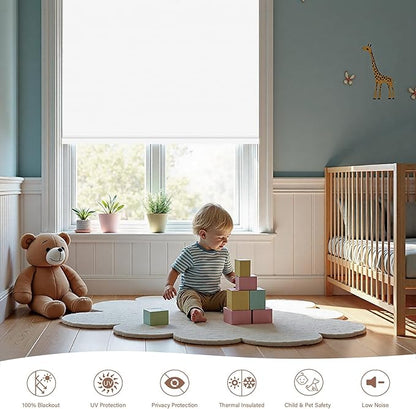 Motorized Roller Blinds with Remote, 100% Blackout Automatic Roller Shades for Bedroom, Bathroom, and Living Room, Customized Size, Pearly White