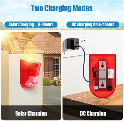 Qualirey 2 Pack Solar Sound and Light Alarm Motion Sensor 129db Outdoor Security Siren Waterproof Motion Activated Detector Alarm 6 LEDs Flash Warning Strobe System for Home, Farm (Red)