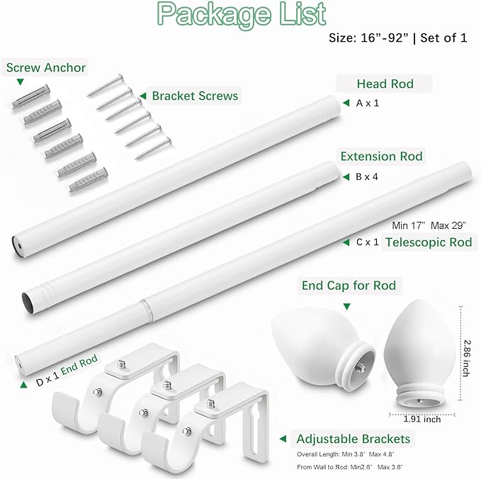 Curtain Rods for Windows 16 to 92 inches, Curtain Rod Max Adjustable Length to 104 in, Drapery Rod 1 inch Diameter with Modern Knobs Finials (White, 16" to 92" - Set of 1)