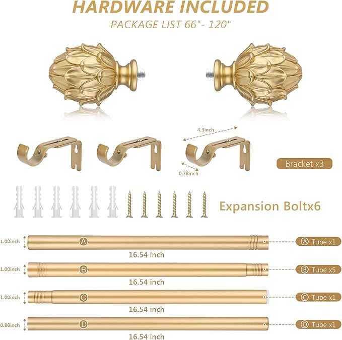 Curtain Rods for Windows 66 to 120 Inches 1 Inch Diameter Adjustable Drapery Rod Decorative Single Window Curtain Rods with Classic Finials, Gold