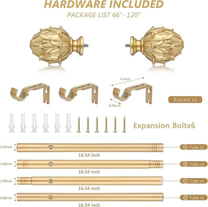 Curtain Rods for Windows 66 to 120 Inches 1 Inch Diameter Adjustable Drapery Rod Decorative Single Window Curtain Rods with Classic Finials, Gold