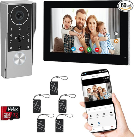 2-Wired Doorbell Camera with Monitor, Video Doorbell Intercom System with keypad,keypad video intercom with 1080P 7-inch Touch Screen, Tuya App Remote, Password Unlock, Waterproof, No Subscription