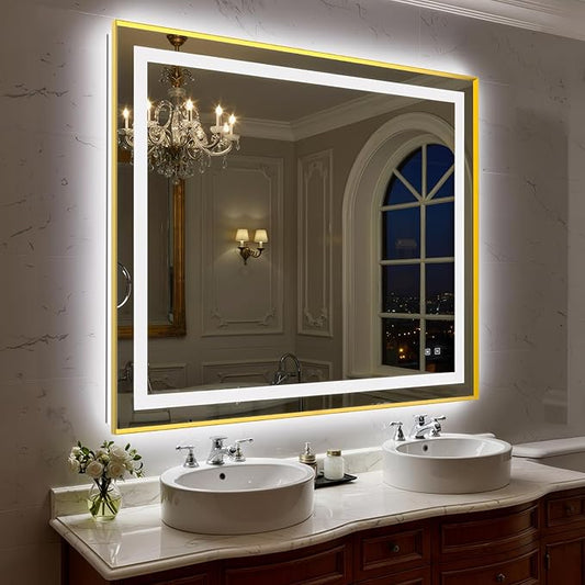 48X40 Inch LED Bathroom Mirror with Lights, Gold Frame Frontlit+ Backlit Bathroom Vanity Mirror for Wall, Ultra-Clear Tempered Glass, Shatter-Proof, Anti-Fog and Memory Function, ETL Listed