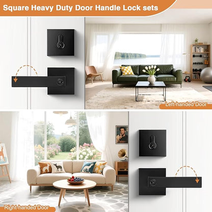 Probrico Heavy Duty Square Entry Levers and Single Cylinder Deadbolts Combo Pack, Flat Black Keyed Alike Entry Door Locksets for Office Bedroom and Front Door, 5 Pack(All Same Keys)