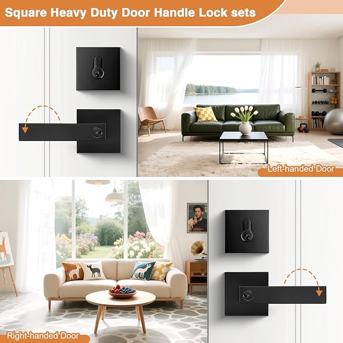 Probrico Flat Black Square Entry Levers Locksets and Single Cylinder Deadbolts Combination Set, Heavy Duty Front Door Office Entrance Levers, 3 Pack Keyed Alike(All Same Keys)