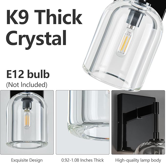 Modern Crystal Wall Sconces Indoor Black Wall Lamp Vanity Wall Lighting for Bathroom Bedroom Living Room Stair（1 Pack）